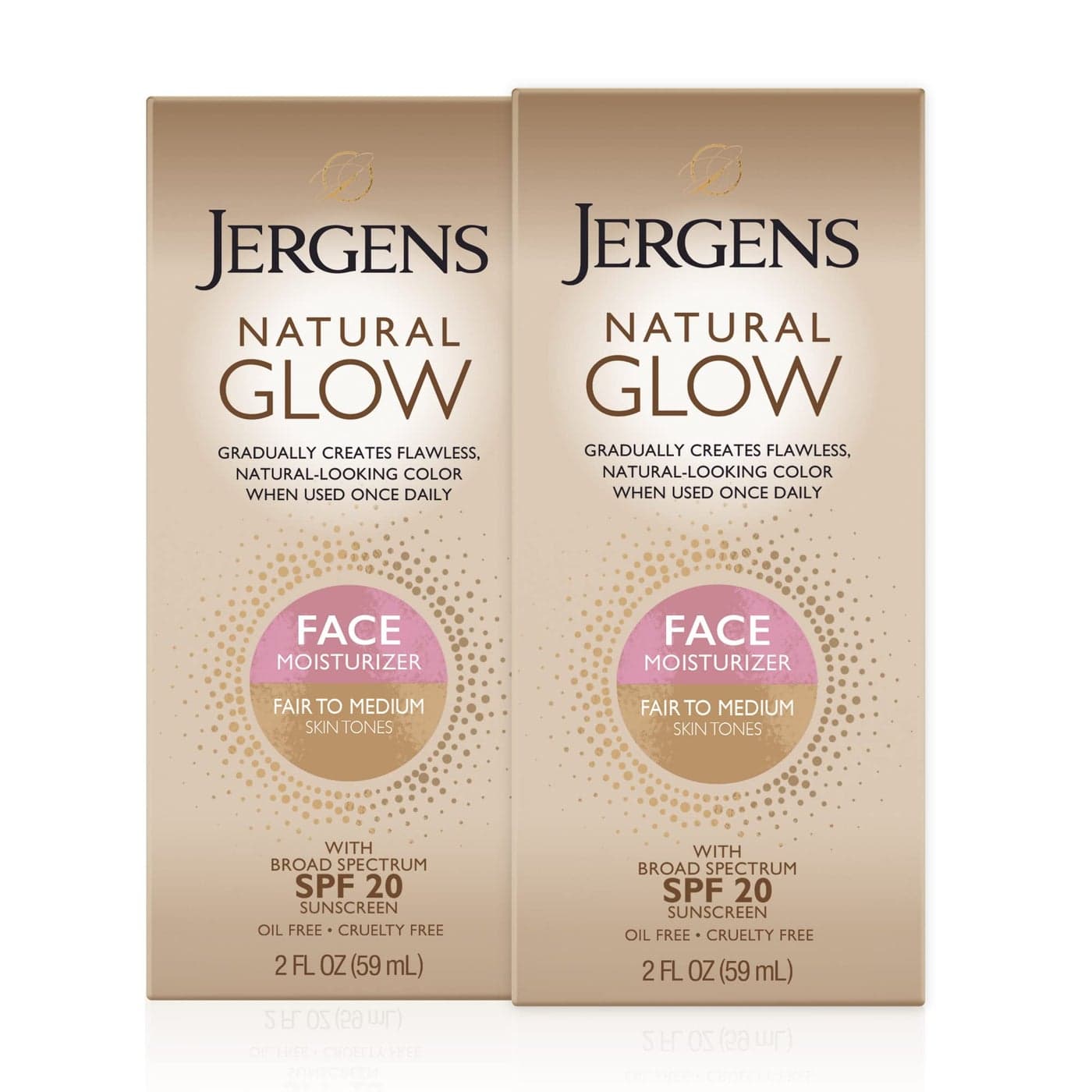 Jergens Natural Glow Face Self Tanner Lotion, SPF 20 Sunless Tanning, Fair to Medium Skin Tone, Daily Facial Sunscreen, Oil Free, Broad Spectrum Protection, 2 Oz, Pack of 2 (Packaging May Vary)