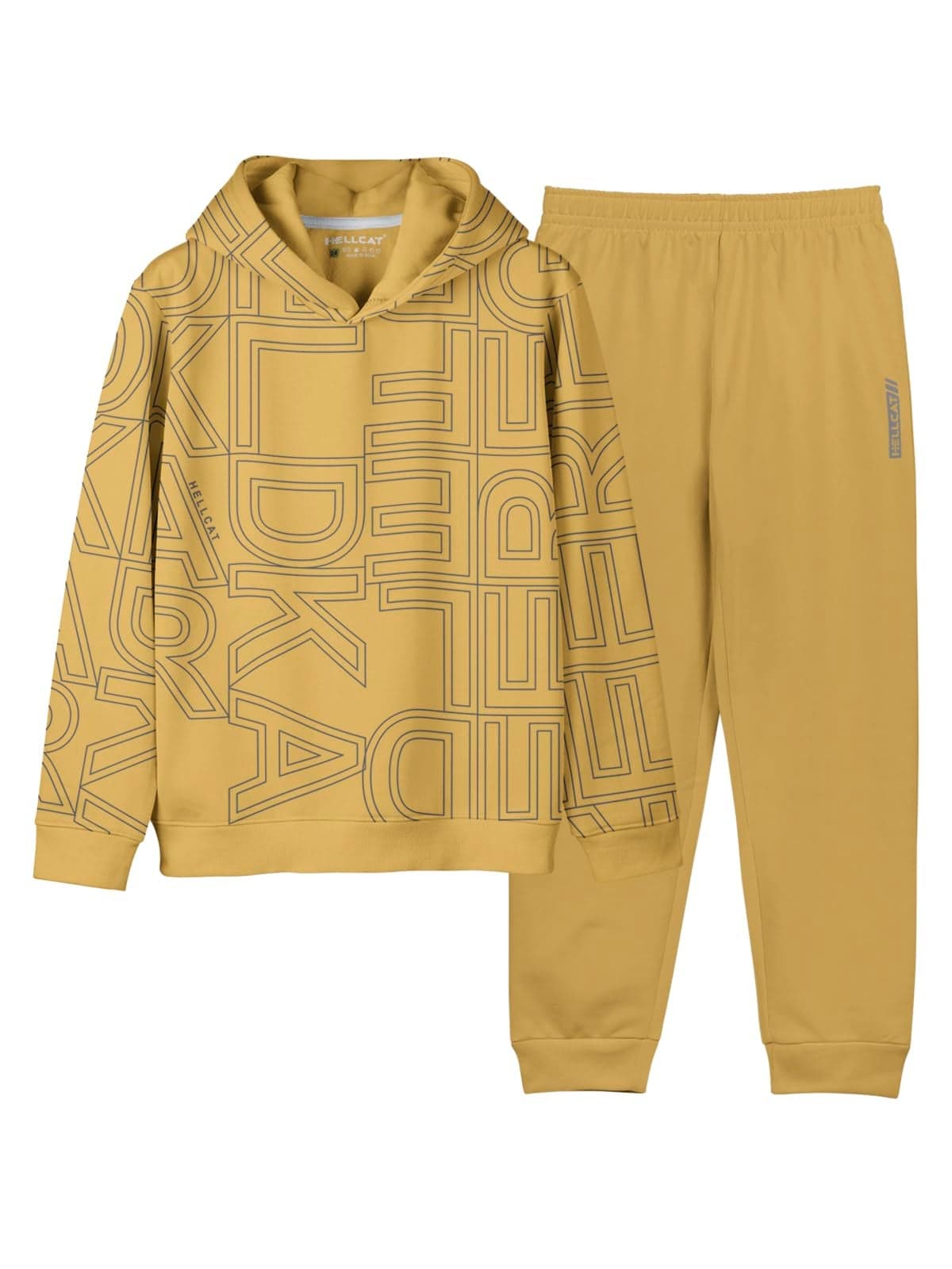 HELLCAT Printed Cotton Blend Hoodie T-Shirt and Jogger Trackpant Clothing Set for Boys_ Mustard_3-4 Years