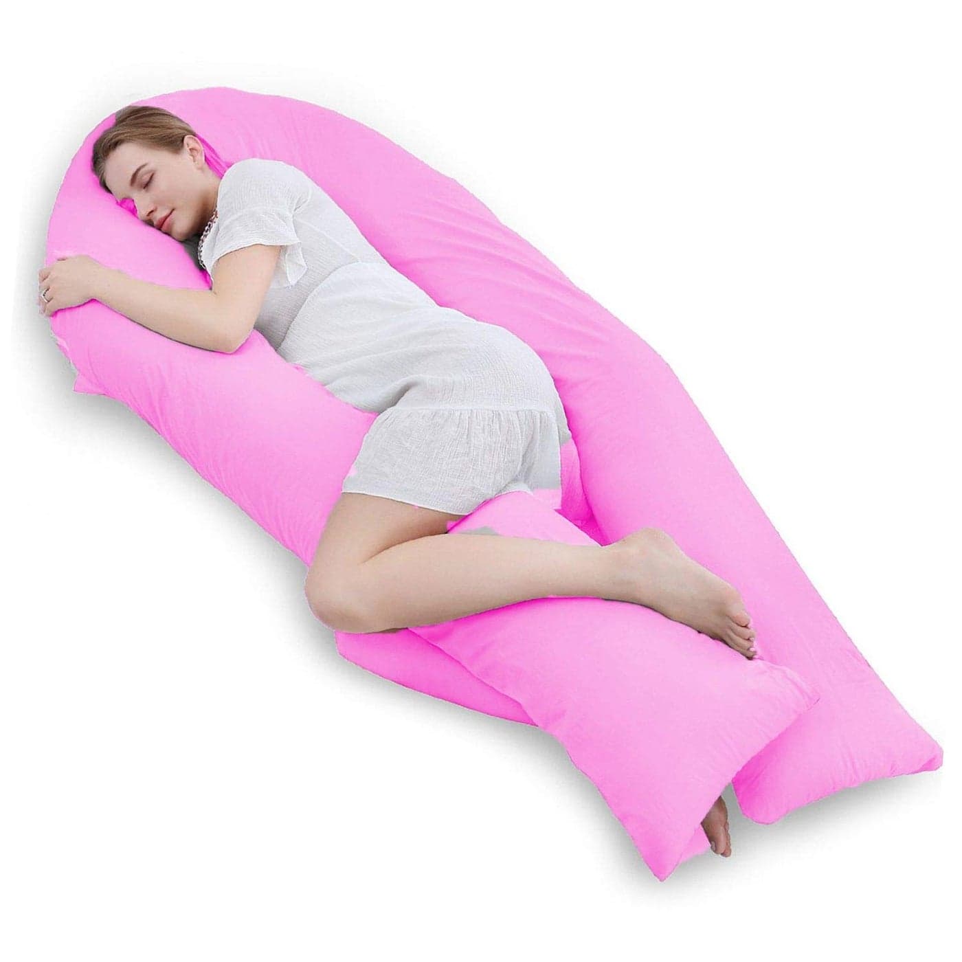 Jaipur Linen Long U Shaped Pregnancy PillowBody PillowLumbar PillowMaternity Pillow with Cotton Zippered CoverPink
