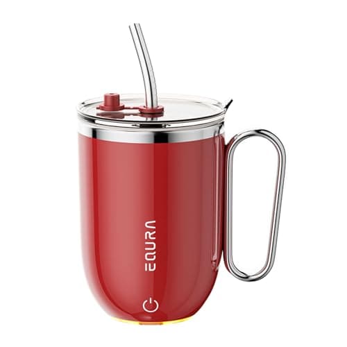 JOTER & LIBEAR Self Stirring Coffee Mug with Straw & LED for Temp Indicating, Auto Magnetic Mixing Cup with Lid (Red)