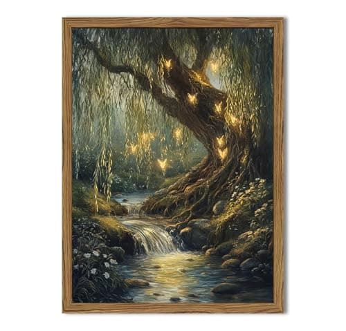 Vintage Forest Fairy Wall Art Whimsical Cottagecore Tree Fairy Wall Decor Painting Magical Landscape 3D Texture Hand Drawn Sandstone Artwork for Bedroom Living Room 12x16 inch Wood Framed