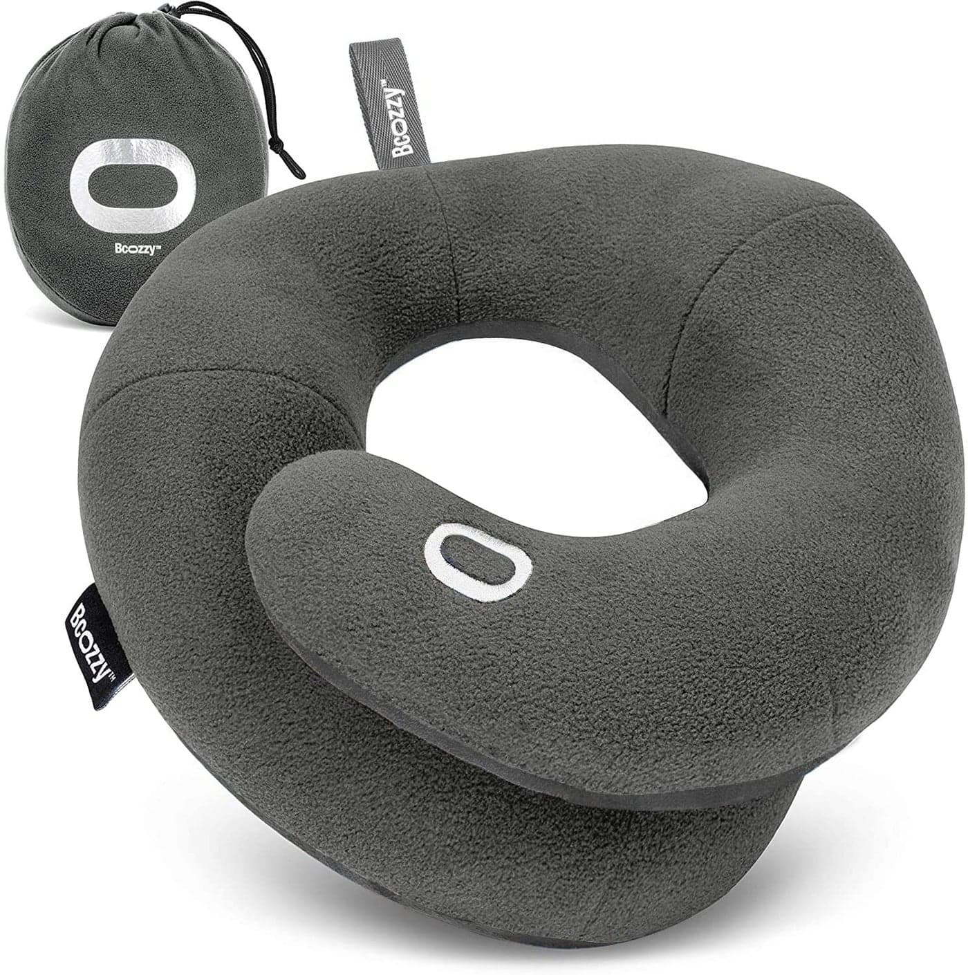 BCOZZY Travel Neck Pillow for Airplane Patented Double Support for Head Neck and Chin Best for Long Flights Plane Sleeping and Car Rides Adjustable Size Fully Washable Carry Bag Large Gray