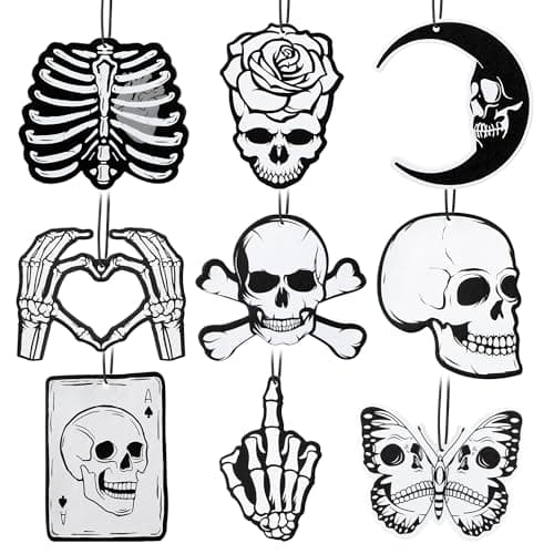 9 Pcs Skull Car Air Fresheners Horror Goth Punk Skeleton Crossbones Incense Chips Scented Diffuser Rearview Mirror Hanging Pendant Ornaments Cool Halloween Decor Automotive Interior Accessories Gifts