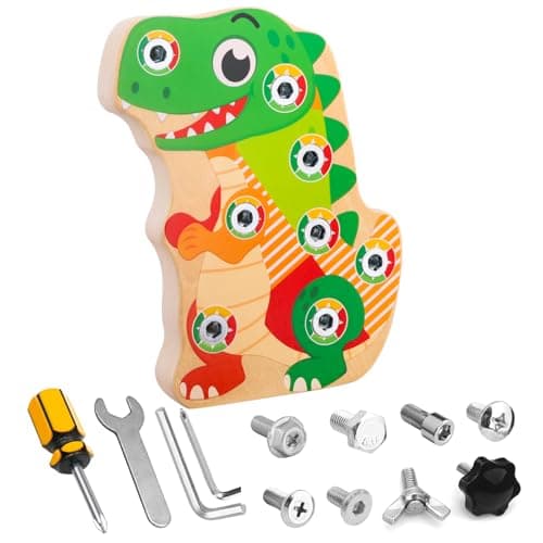 Liangding Montessori Screw Board Toy Dinosaur for Kids Wooden Fine Motor Skills Busy Board with 8 Screws Tools STEM Learning Toy for Toddlers Ages 2 3 4 5 Educational Gift for Boys Girls
