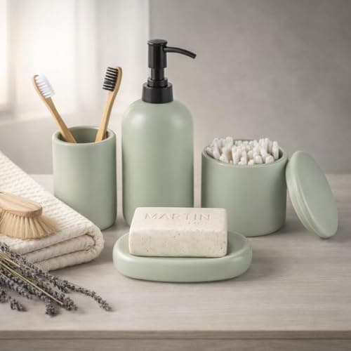 Ceramic Bathroom Accessories Set 4 Pcs – Modern Scandinavian Neutral Bathroom Soap Dispenser Set with Toothbrush Holder, Soap Dish & Cup – Minimalist Bathroom Accessory Set Decor - Sage Green