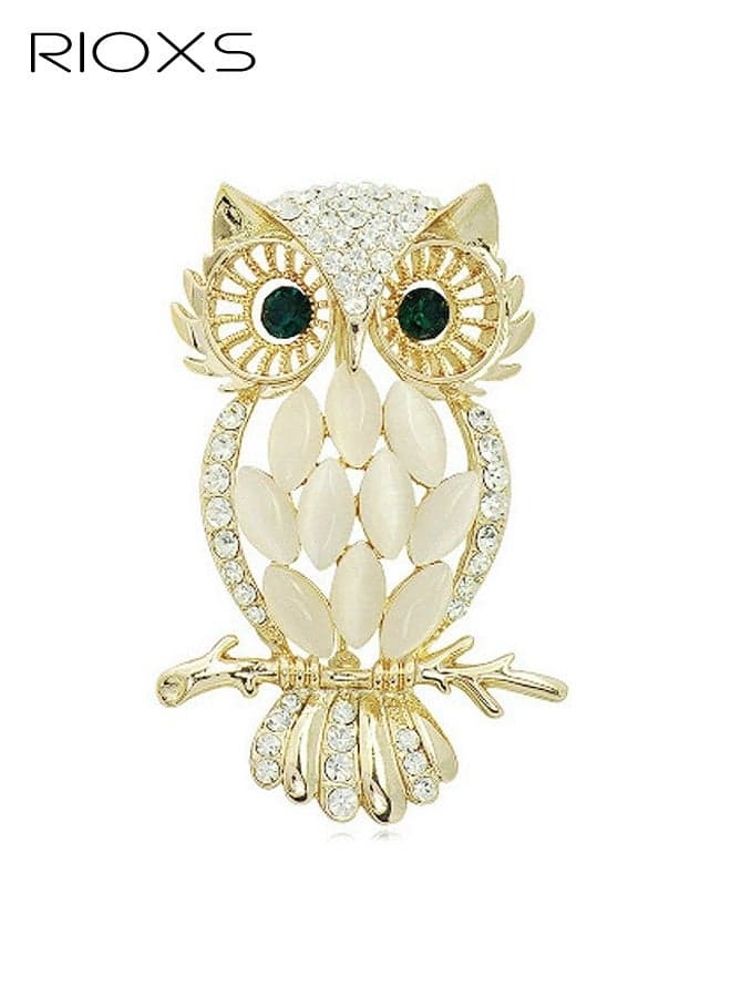 Crystal Rhinestone Owl Brooch Pin, Exquisite Cat Eye Stone Owl-Shaped Brooch Pin, Elegant Owl Gold Plated Brooch Lapel Pins for Women's Clothing, Clothes Bag Hat Dress Jewelry for Ladies