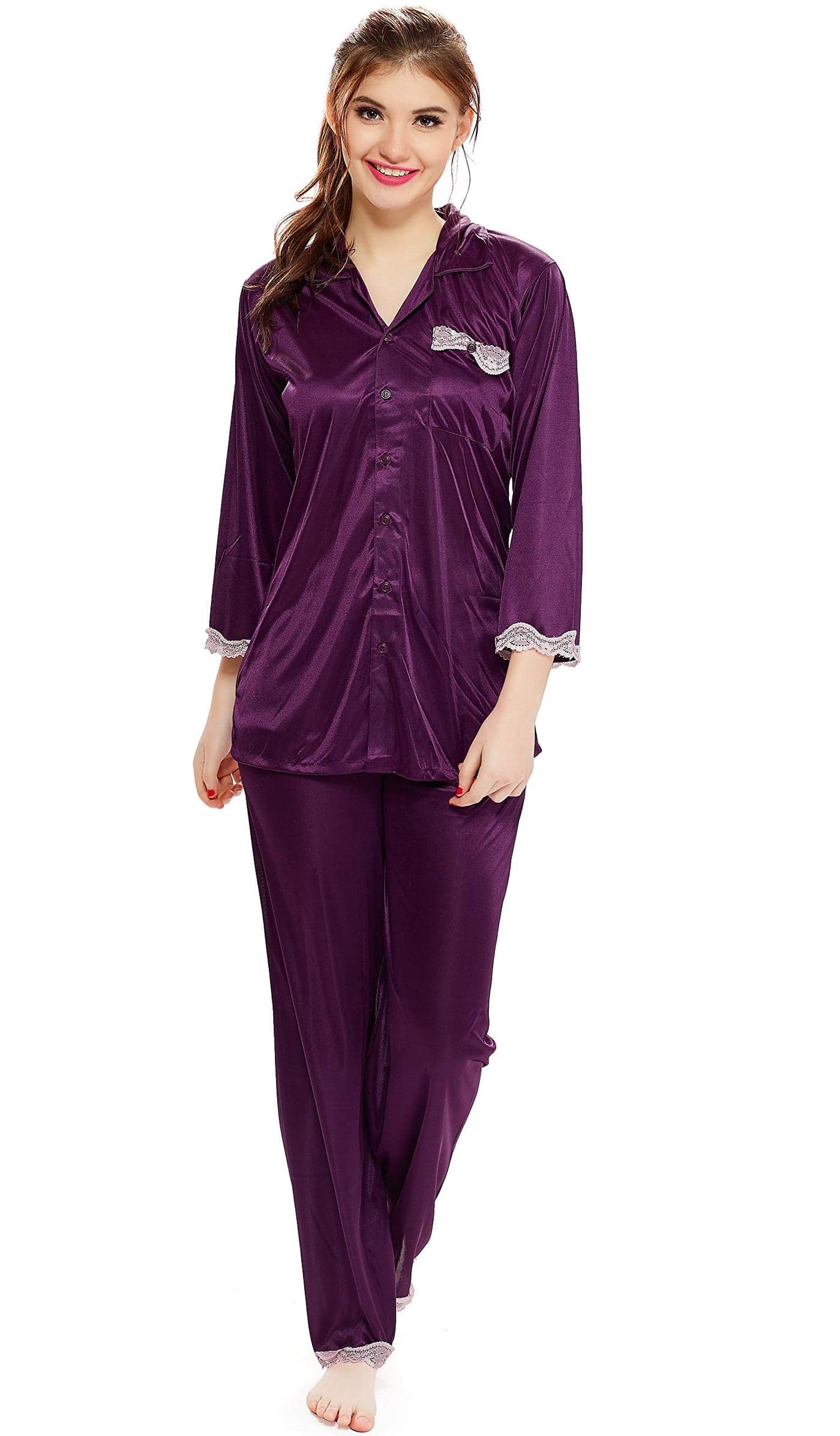 AV2 Women's Satin Solid Pajama Set (1216WINEXL_Wine_X-Large)