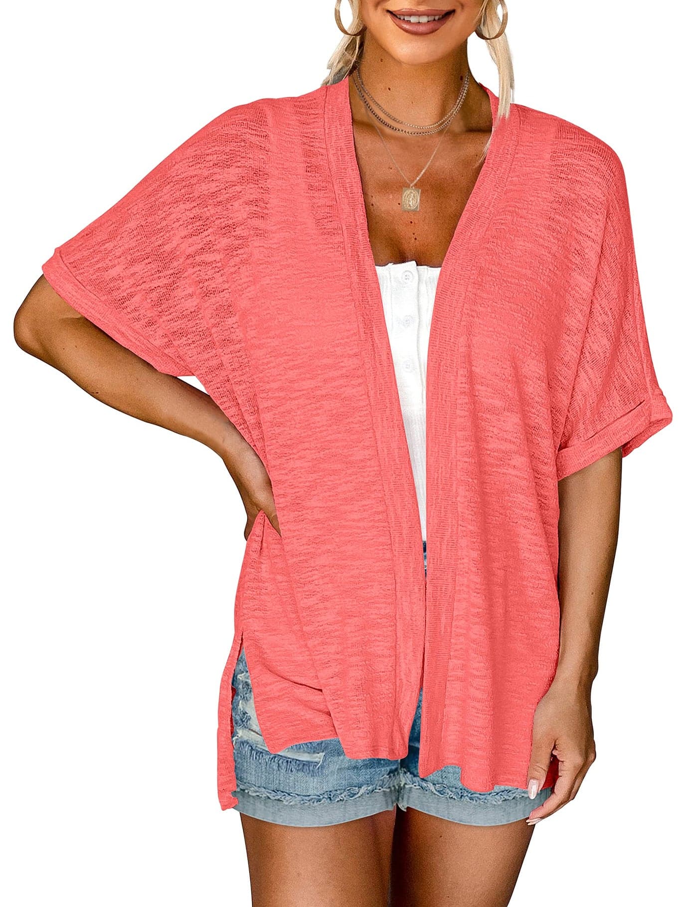 MEROKEETY Womens 2025 Summer Lightweight Cardigan Short Sleeve Open Front Casual Loose Cover Ups,Coral,L
