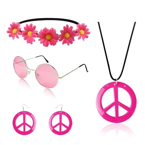 Hippie Costume Set Includes Peace Sign Necklace and Earring, Flower Crown Headband and Sunglasses 60s 70s Party Accessories (Sweet Girl)
