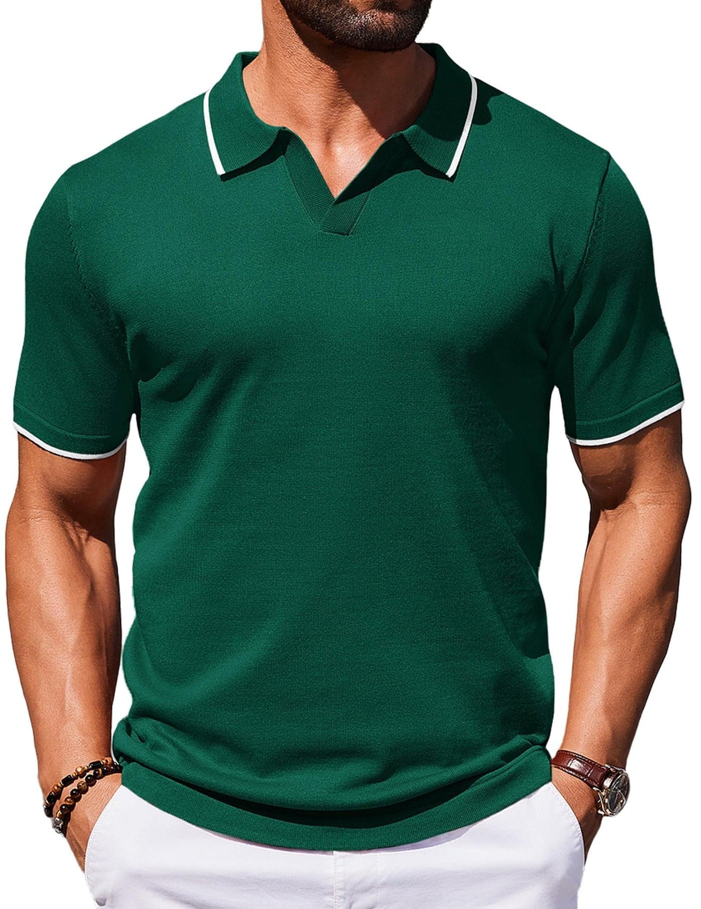 COOFANDY Mens Collared Shirts Short Sleeve Polo Shirts for Men Basic Fashion Retro 70S Shirt Green