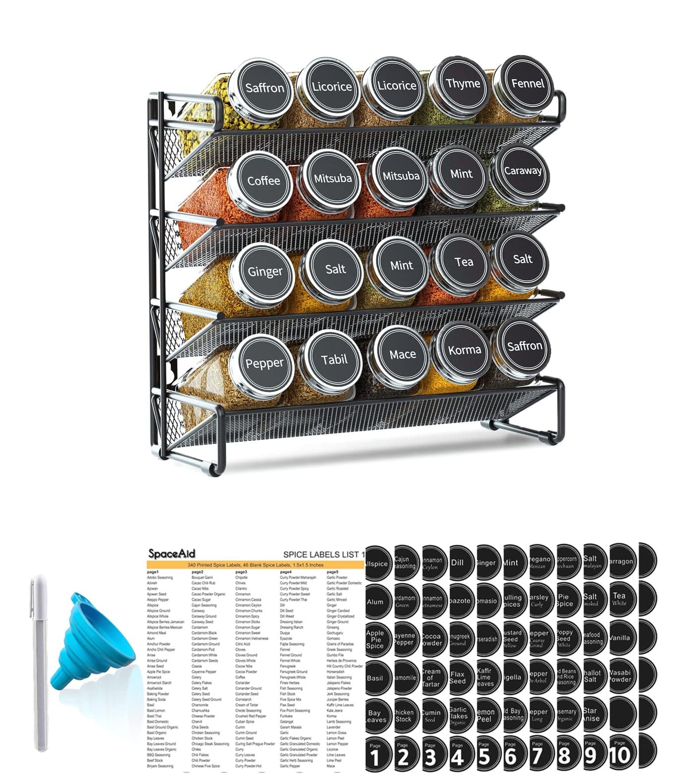 SpaceAid Spice Rack Organizer with 20 Spice Jars 386 Spice Labels Chalk Marker and Funnel Set for Cabinet Countertop Pantry Cupboard or Door Wall Mount 20 Jars 98 W 108H Black