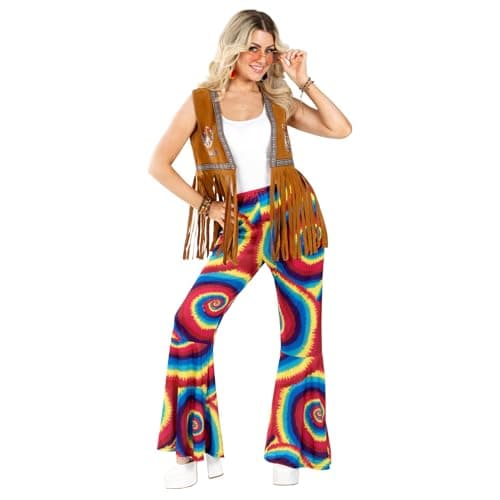 Womens 70s Hippie Flares Costume Rainbow Swirl Psychedelic Flared Trousers - Small