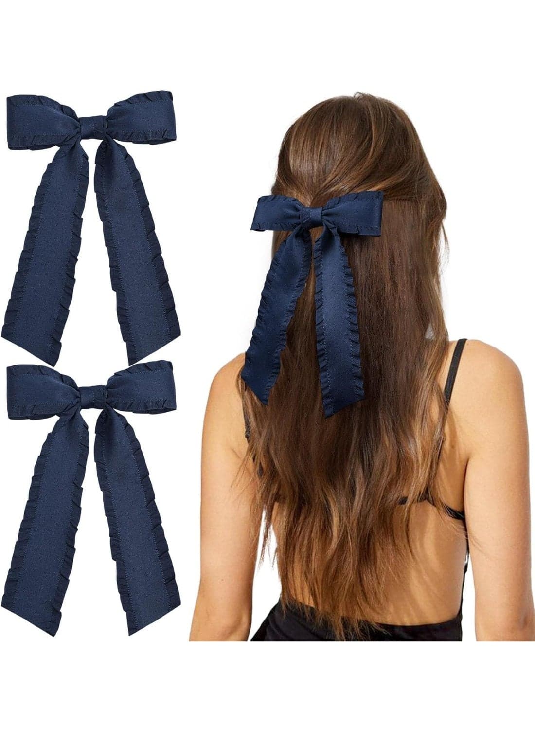 2 Pieces of Ladies and Girls' Hair Accessories, Ruffled Bow Ribbon Hairpin, Long Tail Hairpin Girl Hair Accessories, Fringed Hair Bands, Bow Hair Clips, Suitable for Ladies and Girls, Navy Blue