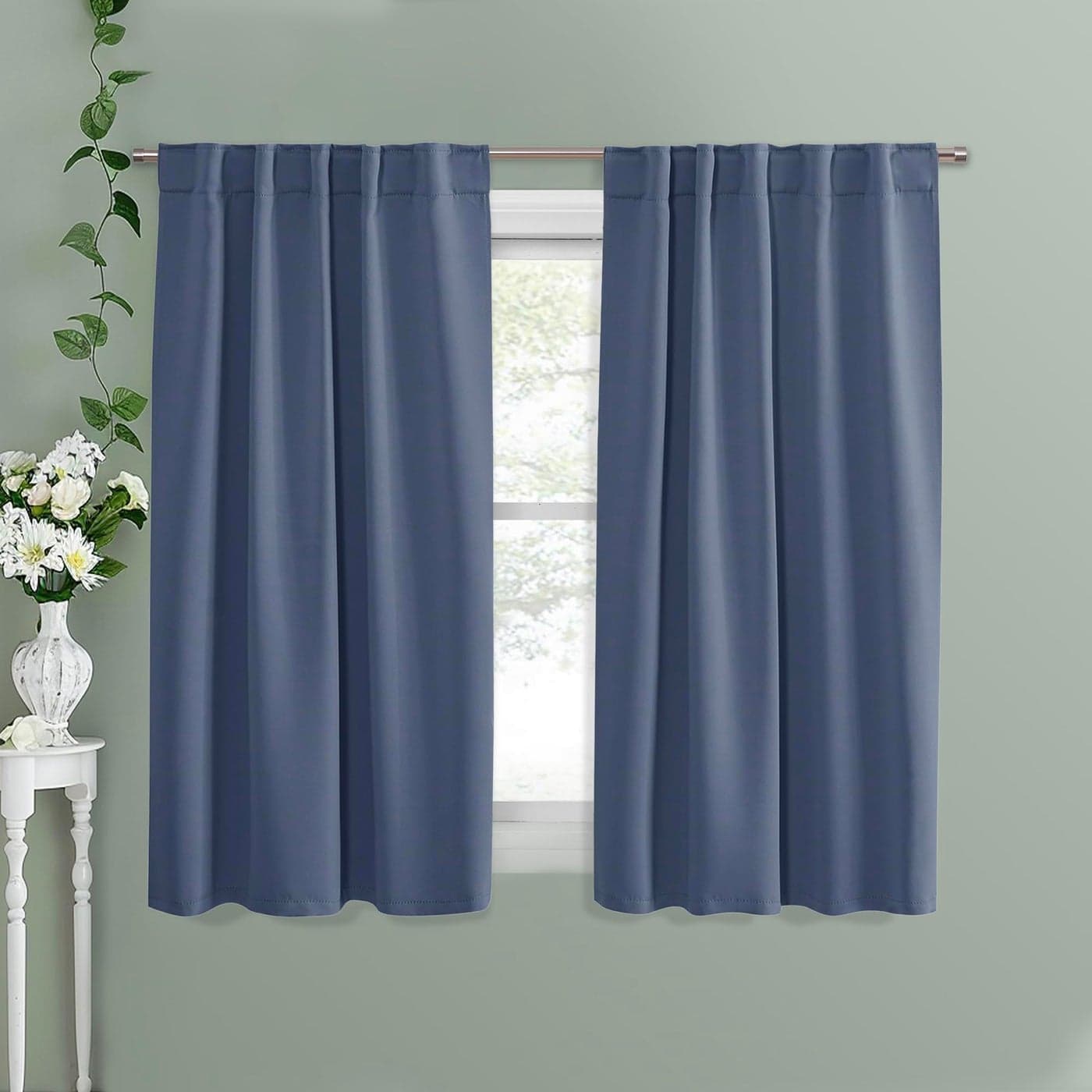 PONY DANCE Room Darkening Curtains Bedroom Window Treatment Panels Back TabRod Pocket Short Blackout Curtains Light Filtering Elegant Home Decoration 42 by 45 Inches Blue Haze 1 Pair
