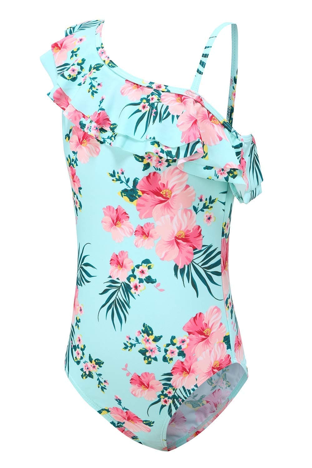 Big Girls One Piece Swimsuits One Shoulder Ruffle Swimwear Floral Bathing Suit Size 14