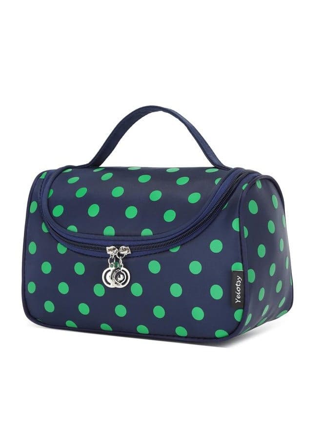 Travel Cosmetic Bag Portable, Polka Dots Cute Toiletry Organizer Travel Makeup Bag for Women (Navy Blue)