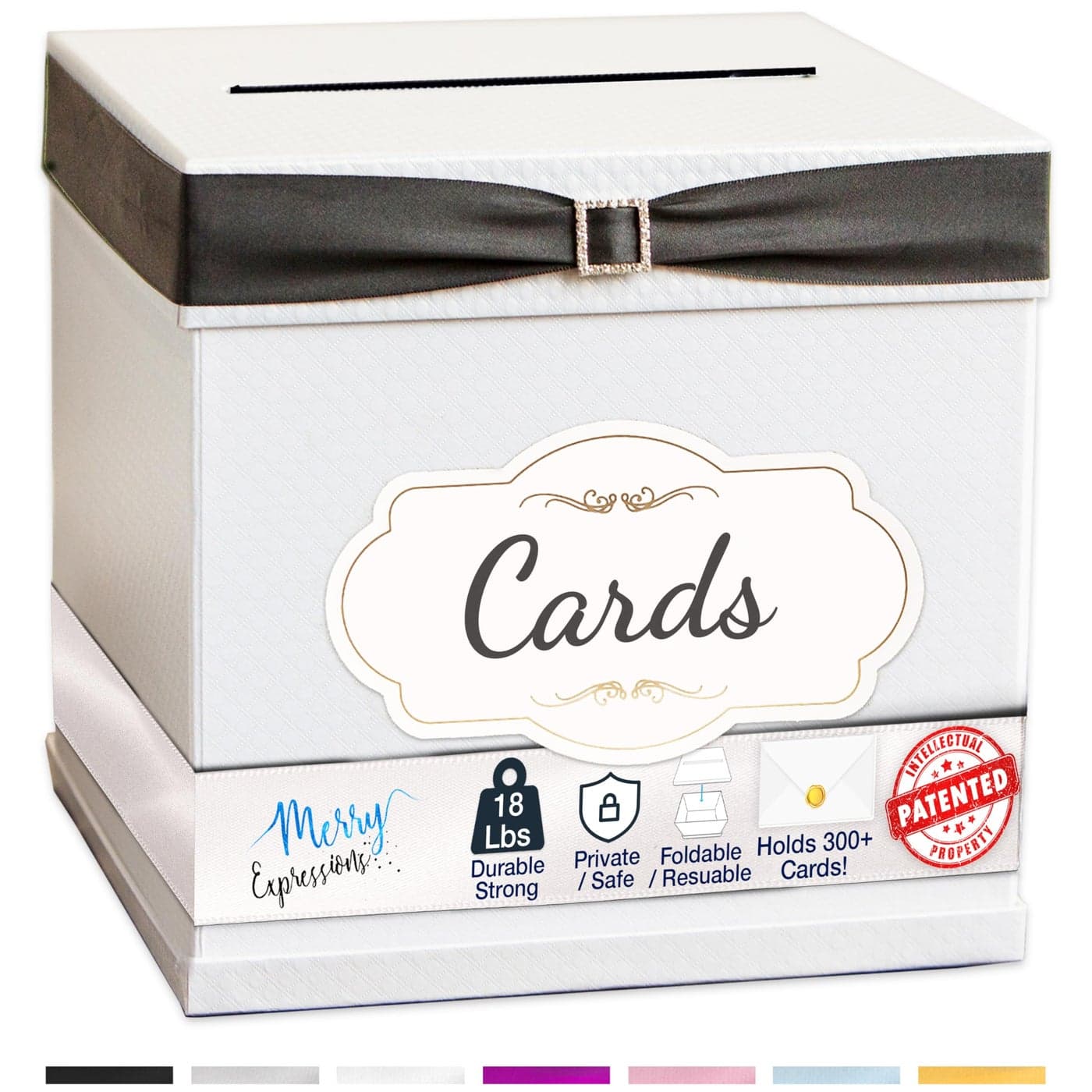 Merry Expressions White Wedding Card Box for Party with 7 Ribbons Gift Card Box Holder For Birthday Graduation Reception Sweet 16 Bridal or Baby Shower Party Large 10x10x10 inches