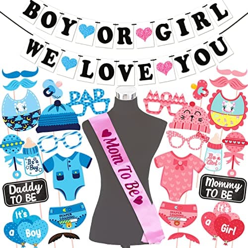 WOBBOX Baby Shower Combo of Party Props 28 Pcs with Blue & Pink Heart Boy Or Girl We Love You Bunting Banner, with Mom to be Light Pink Sash Baby Shower Decoration Item (Pack of 3)