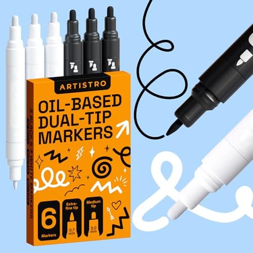 ARTISTRO 6 Black White Permanent Markers Oil Based Paint Markers Dual Tip 07mm3mm Waterproof Paint Pens for Rock Painting Ceramic Glass Wood Tire Fabric More 33