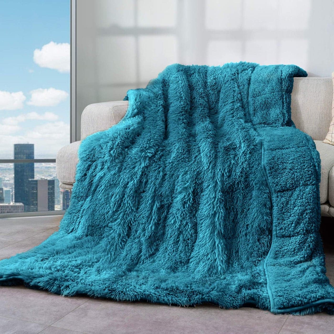 Cottonblue Weighted Blanket 15lbs Sherpa Faux Fur Reversible Luxury Snugly Long Fur Warm Heavy Blanket 60x80 inches Warm Plush Sherpa Weighted Blanket Queen Size for Couch Sofa Bed Teal Green