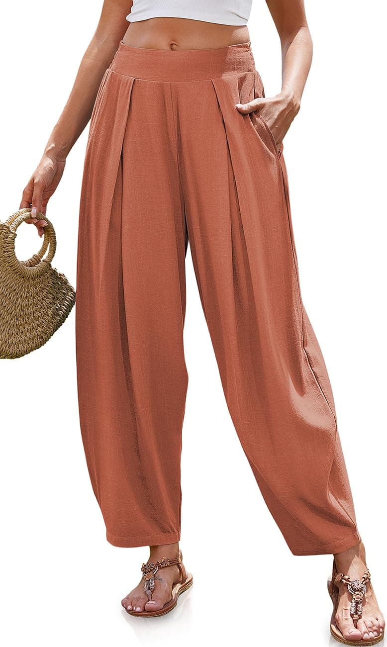 TARSE Women’s Linen Harem Pants Loose Fit Boho Pants with Wide Waistband Casual Lounge Trousers for Summer Beach Vacation Rust, M