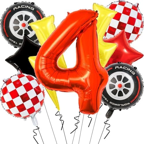 Cartoon Race Car Balloons Birthday Party Decorations 40 Inch Red Foil Number 4 Balloons Large Lightning Balloons for 4rd Birthday Decorations for Boys Race Car Themed Party Decor Supplies
