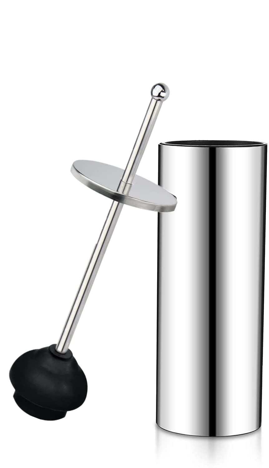 Chrome Toilet Plunger with Holder Bathroom Metal Canister Holder Drip Cup Heavy Duty Deep Cleaning Silver