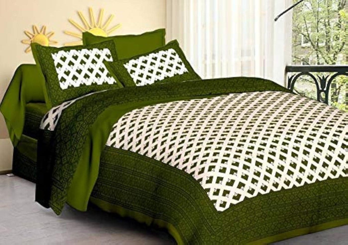 ART WORLD Queen Size Double Bed Sheet with Pillow Covers Pure Cotton Jaipuri Traditional Printed Bedcover (Green)