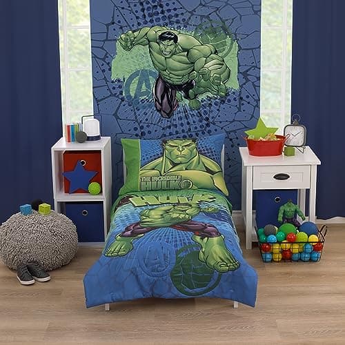 NoJo Marvel The Incredible Hulk Green, and Blue 4 Piece Toddler Bed Set - Comforter, Fitted Bottom Sheet, Flat Top Sheet, and Reversible Pillowcase