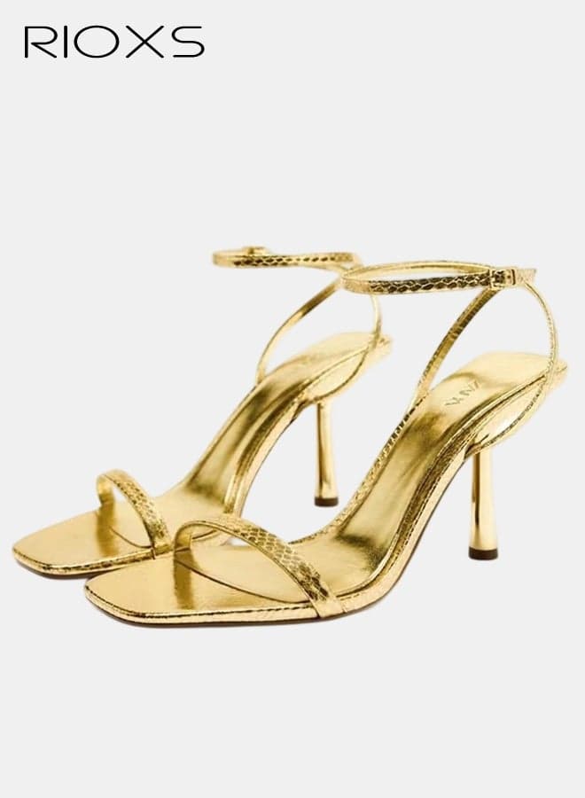 Women's Kitten Heels Sandals, Women's Kitten Heels Sandals Shoes, Stiletto High Heel for Women, Square Open Toe Shoes, Fashion Dress Shoes for Wedding, Ladies Ankle Strap Dressy Sandals, Comfort Heeled Sandals, Gold Summer Party Shoes