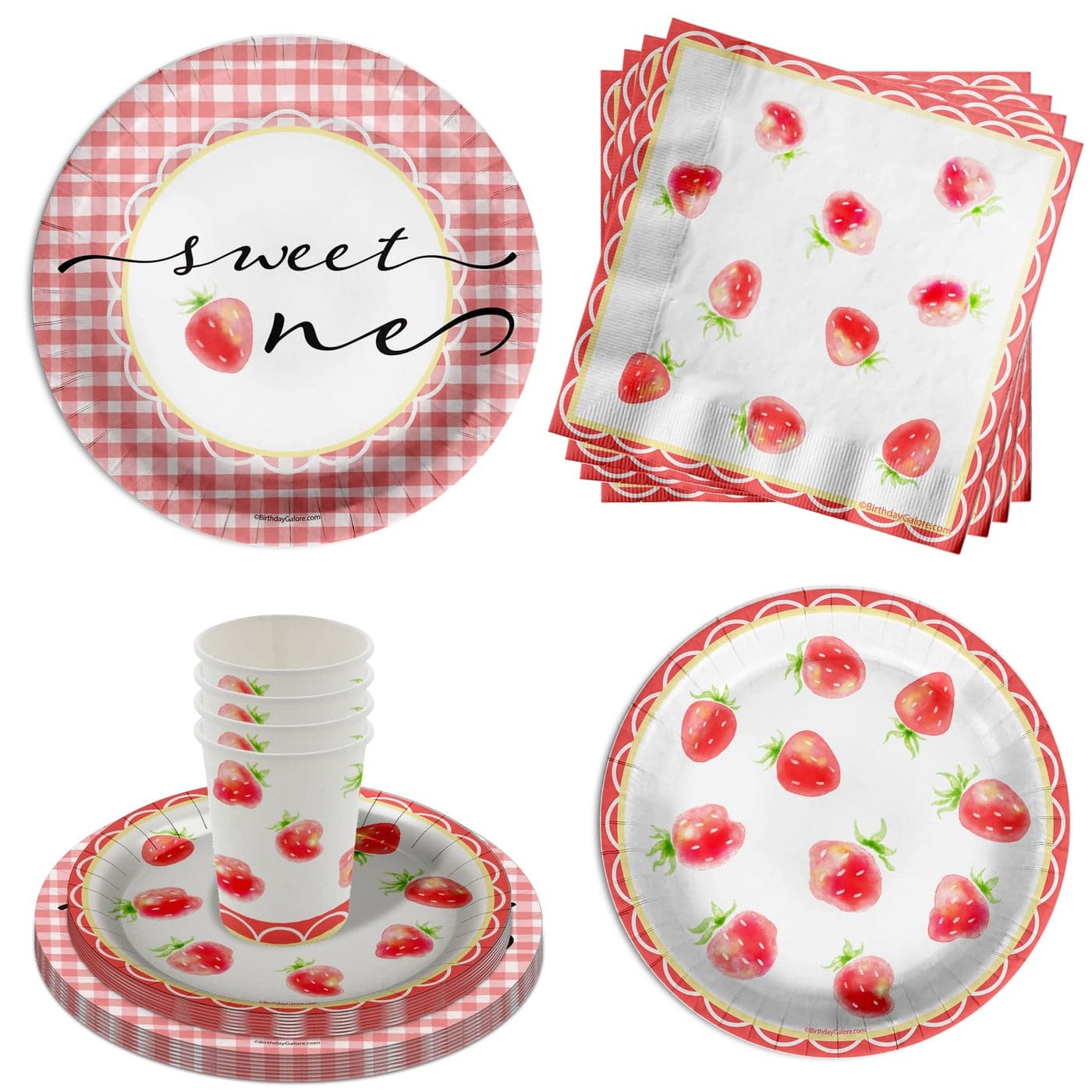 Sweet One Strawberry 1st Birthday Party Supplies 64 Piece Baby Girls Berry First Birthday Tableware Set Includes Large 9 Dinner Plates and 8 Dessert Paper Plates Napkins Cups Kit for 16