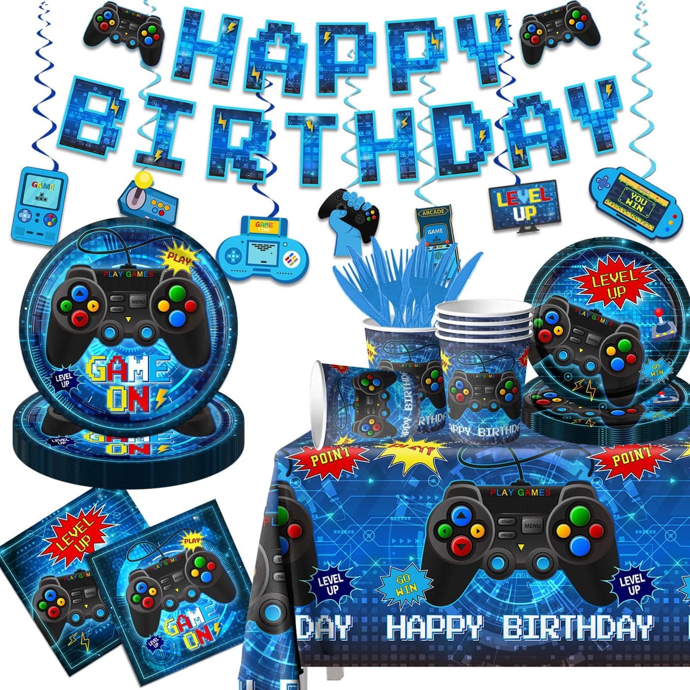 Gamer Birthday Party Decorations Tableware142pcs Gamer Birthday Plates and NapkinsBannerTableclothCupBlue Video Game Decorations for Boys