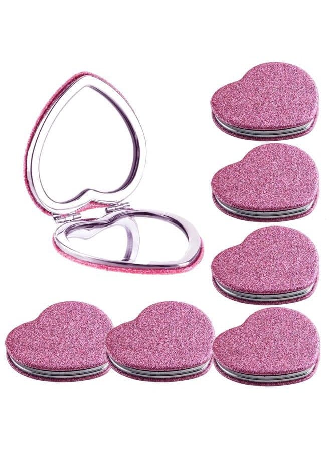 6 Pack Compact Folding Mirror Heart Shaped Portable Travel Magnifying Makeup Mirror for Purse Mini Vanity Cosmetic Mirror Double-Sided Cute Glitter Mirror Pink