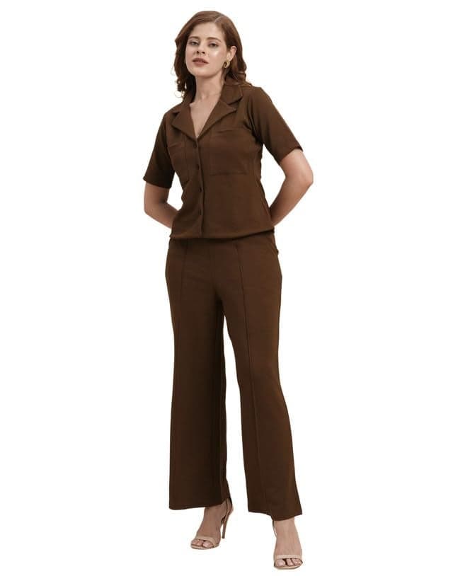 SIRIL Women's Co-Ord Set Top and Trouser Pant Set, Two Piece Co-ord Set, Office Wear Co-ord Set (717CTK11722-XL_Brown)