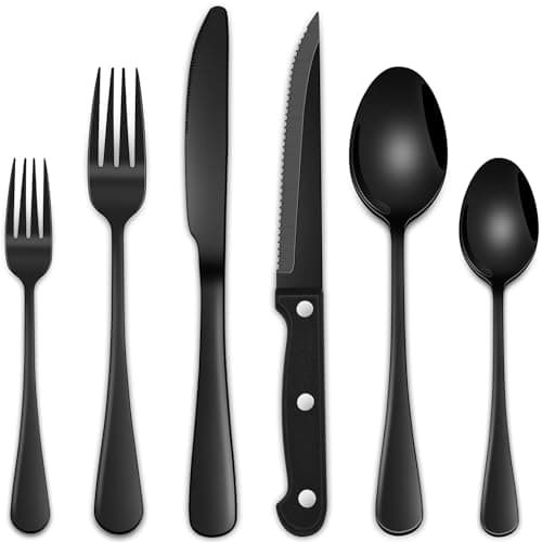 24-Piece Black Silverware Set with Steak Knives, Black Flatware Set for 4, Food-Grade Stainless Steel Tableware Cutlery Set, Mirror Finished Knife Spoon And Fork Sets for Home Restaurant