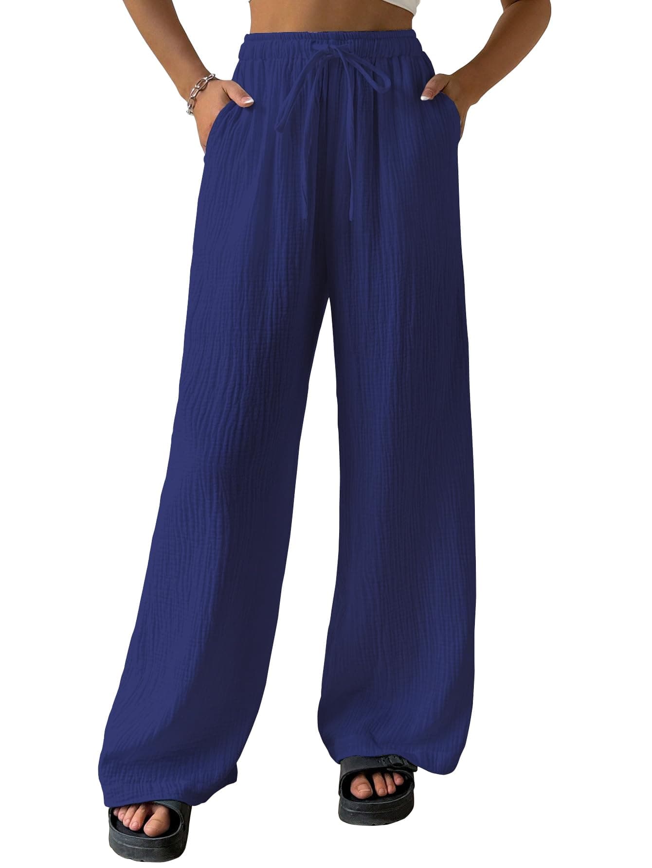 Shasmi Women's Trousers | Wide Leg Casual Pants Featuring a Relaxed Silhouette | Secure fit for All-Day wear | Convenient Side Pockets | Straight-Leg Cut | Elegant Premium Design (157 Blue-XL)