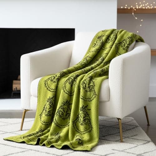 Dr Seuss Grinch Holiday Christmas Bedding Soft Cozy Chic Dreams Feather Knit Intarsia Throw Blanket 50 in x 60 in Officially Licensed Product by Franco Collectibles