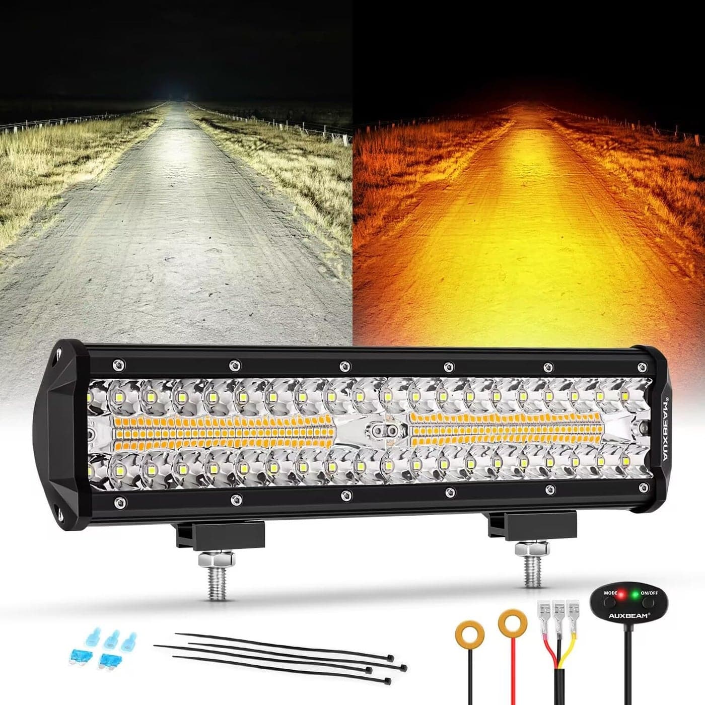 Auxbeam 12Inch 300W Amber White Dual Color LED Light Bar 6 Modes Strobe Offroad Fog Light Spot Flood Combo Flashing Emergency Off Road Light for Trucks ATV UTV Jeep