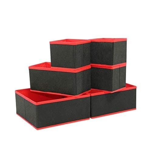 DOUBLE R BAGS No Smell Foldable Cloth Storage Box Closet Dresser Cupboard Drawer Organizer Cube Basket Bins Containers Divider with Drawers for Underwear Bras Socks Ties Scarves (Black Red Pack Of 6)