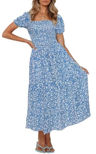 ZESICA Women's 2025 Summer Boho Floral Print Square Neck Ruffle Swing Beach Long Maxi Dress,Blue2,Medium