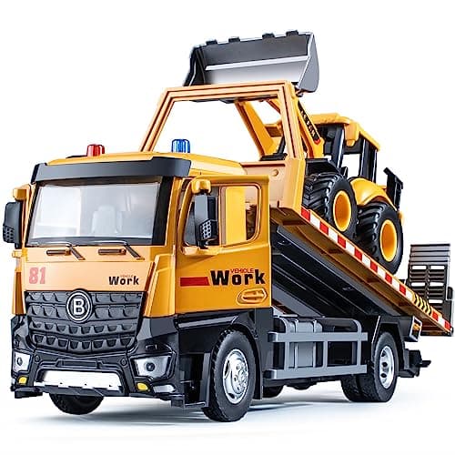 HAPYAD Tow Truck Toy Metal Cab Flatbed Tow Truck Toys for Boys with Backhoe Loader Friction Powered Transport Trailers with Lights and Siren Sounds Construction Vehicles for Kids 125