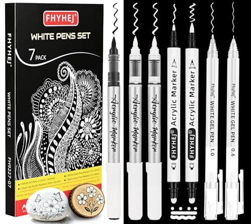 Fhyhej White Ink Pens Set of 7 Fine Point White Gel Pens Black Brush Tip Acrylic Markers DualTip Opaque Acrylic Paint Pens for Black Paper Drawing Sketching Rock Painting Card Making
