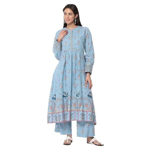Biba Women's Dull Blue Cotton Flared Printed Fusion Set