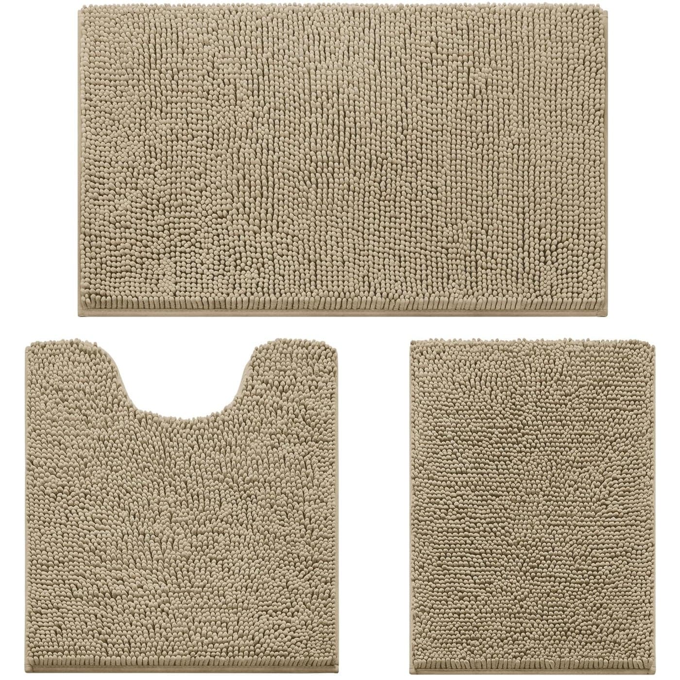HOMEIDEAS 3 Pieces Bathroom Rugs Ultra Soft Non Slip Absorbent Chenille Toilet Bath Mat Set Taupe