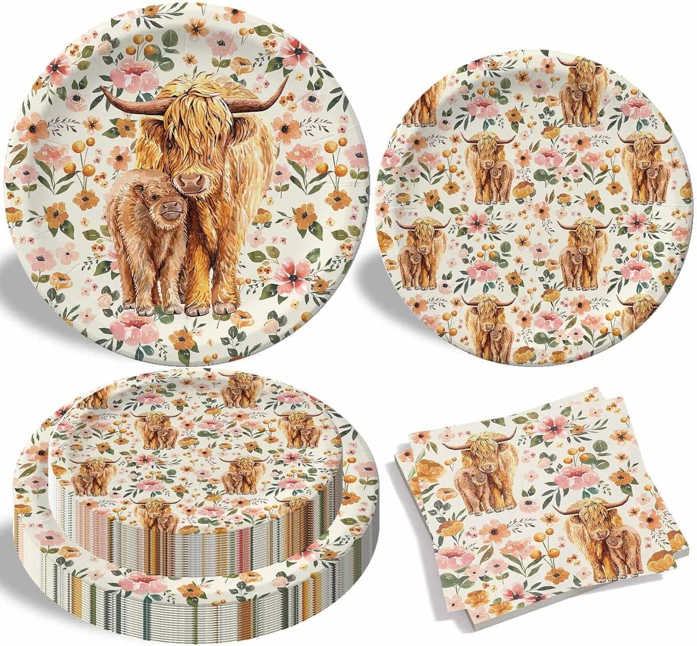 Highland Cow Party Plates Napkins Boho Floral Highland Cow Baby Shower Decorations for 24 Guests Disposable Tableware for Farmhouse Theme Birthday Party Supplies