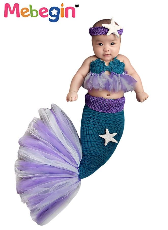 Infant Mermaid Costume, 3-piece Crochet Knit Outfit, Handmade Knitted Newborn Photography Outfits with Adorable Design, Newborn Soft Photography Props, Creative Photoshoot Outfits for Infants, Perfect for Baby Photography Shoots, Ideal Newborn Baby Gift