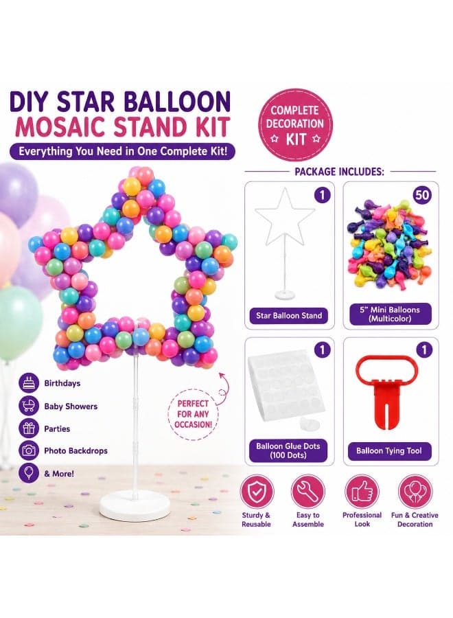 DIY Star Balloon Mosaic Stand Kit with 50 Pcs 5-Inch Multicolor Mini Balloons, Balloon Glue Dots & Tying Tool – Floor Standing Party Decoration for Birthdays, Baby Showers & Events
