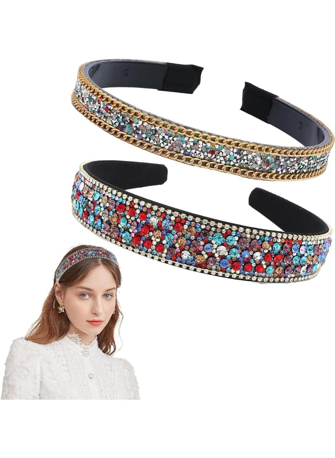 2Pcs Rhinestone Headbands for Women Girls,Colorful Glitter Rhinestone Headband Jeweled Headband Rhinestone Headpiece Hair Accessories for Women Girls,Colorful