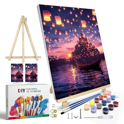 JOOZ Paint by Numbers Kit for Adults with Frame, Castle Paint by Number with Easel, DIY Sunset Boat Easy Paint by Numbers Landscape for Home Wall Decor 8 x 12 Inch