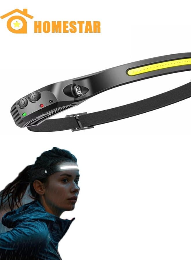 LED Headlamp Rechargeable, Super Bright Motion Sensor Head lamp, 230°COB Wide Beam & Adjustable Spotlight, IP44 Waterproof Headlight for Camping, Hiking, Running